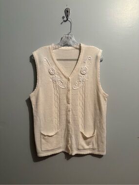 Vintage Cream White Sweater Vest Embroidered Floral Button Front Women's Large